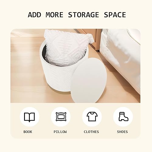 Miniatura 5 de PINPLUS Otomana otomana redonda de terciopelo con base chapada en oro y bandeja de terciopelo extraíble para sala de estar, dormitorio, blanco, 16.7