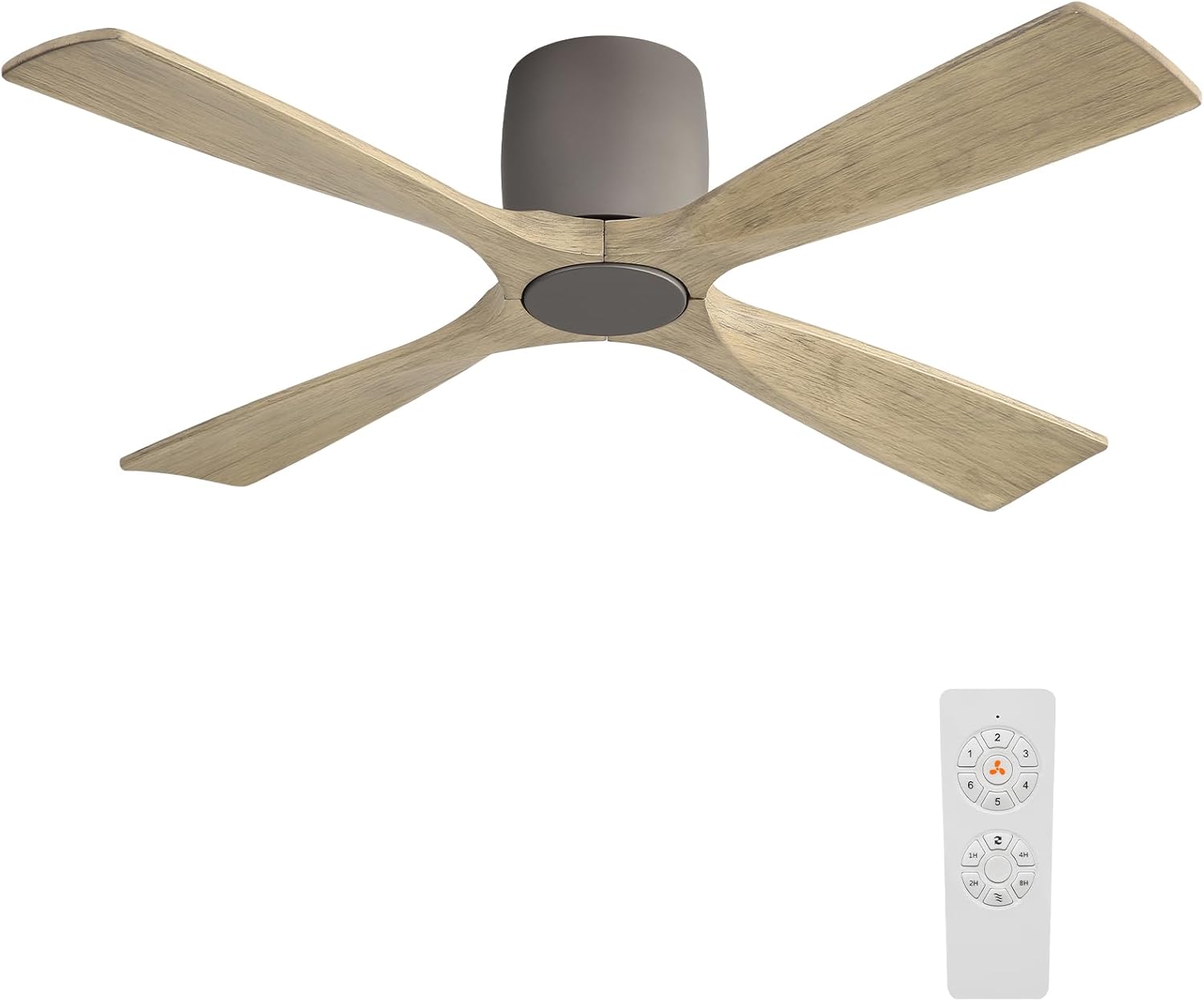 WINGBO 48 Inch Ceiling Fan Without Light, Solid Wood Flush Mount Ceiling Fan with Remote Control, Reversible Quiet DC Motor, 4 Blades,6-Speed, for Bedroom & Living Room,Graphite Finish +Gray Blade