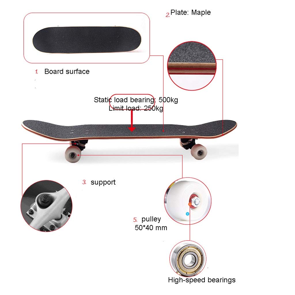 TXTC Standard Skateboards for Kinder Jungen Mädchen Jugendliche Anfänger Starter-Complete Longboard 7 Schicht Maple Pro Cruiser, Schwarzes Skateboard (Color : B)