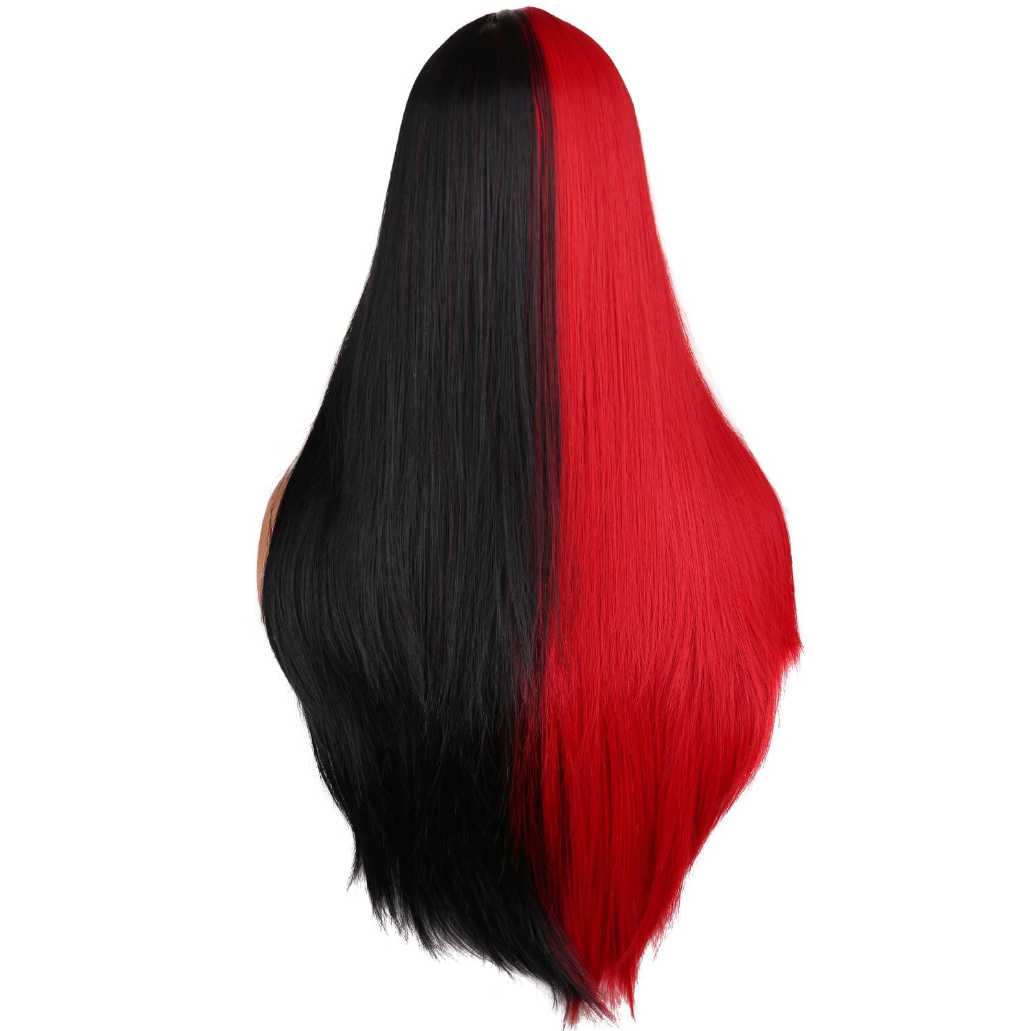 RightOn Half Black Half Red Wig False Hair Long Straight Wig with Bangs Black Red Split Wigs for Women