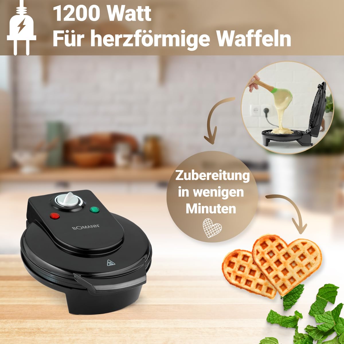 Bomann - mod. WA 5018 CB - Piastra per waffles, con base a forma di cuore, potenza: 1200 W nero