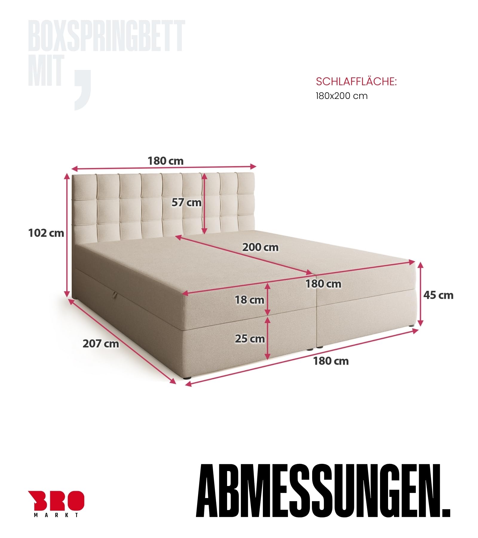 BROMARKT Boxspringbett 180x200cm mit Topper und Bettkasten H3 Beige | Doppelbett für Schlafzimmer mit Bonell Matratze Stauraum und gepolsterte Kopfstütze Bett Bed Einzelbett Federkern DETROIT
