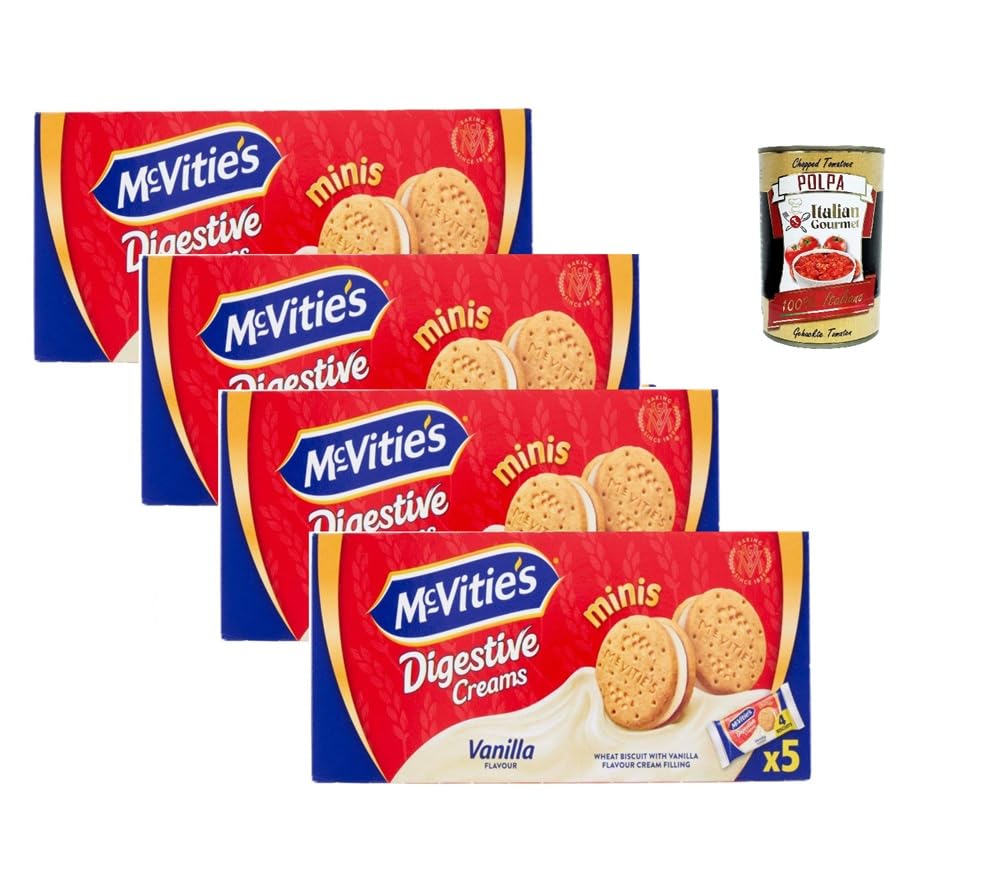 Italian Gourmet McVitie’s Digestive Minis Creams Vanilla 4 x 185 g – Biscuits Digestive au Blé Complet Fourrés à la Crème Vanille – Goûter et Petit-Déjeuner + Italian Gourmet Polpa de Tomates 400 g