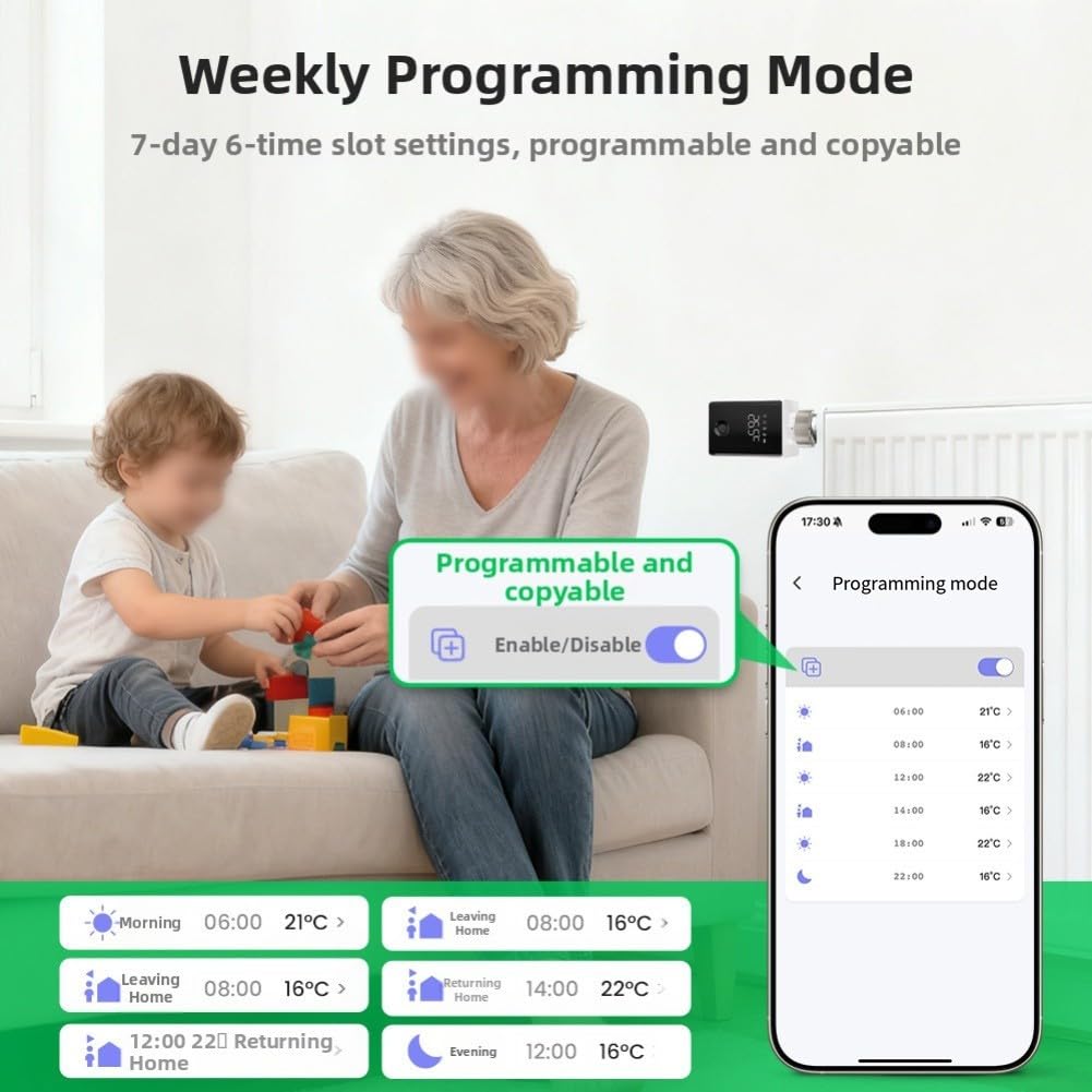 Tête Thermostatique Connectée pour zigbee 3.0 M30x1.5 pour Radiateur Eau Chaude avec Détection Fenêtre Ouverte et Verrouillage Enfant Compatible pour tuya pour Smart Life pour alexa Google Home
