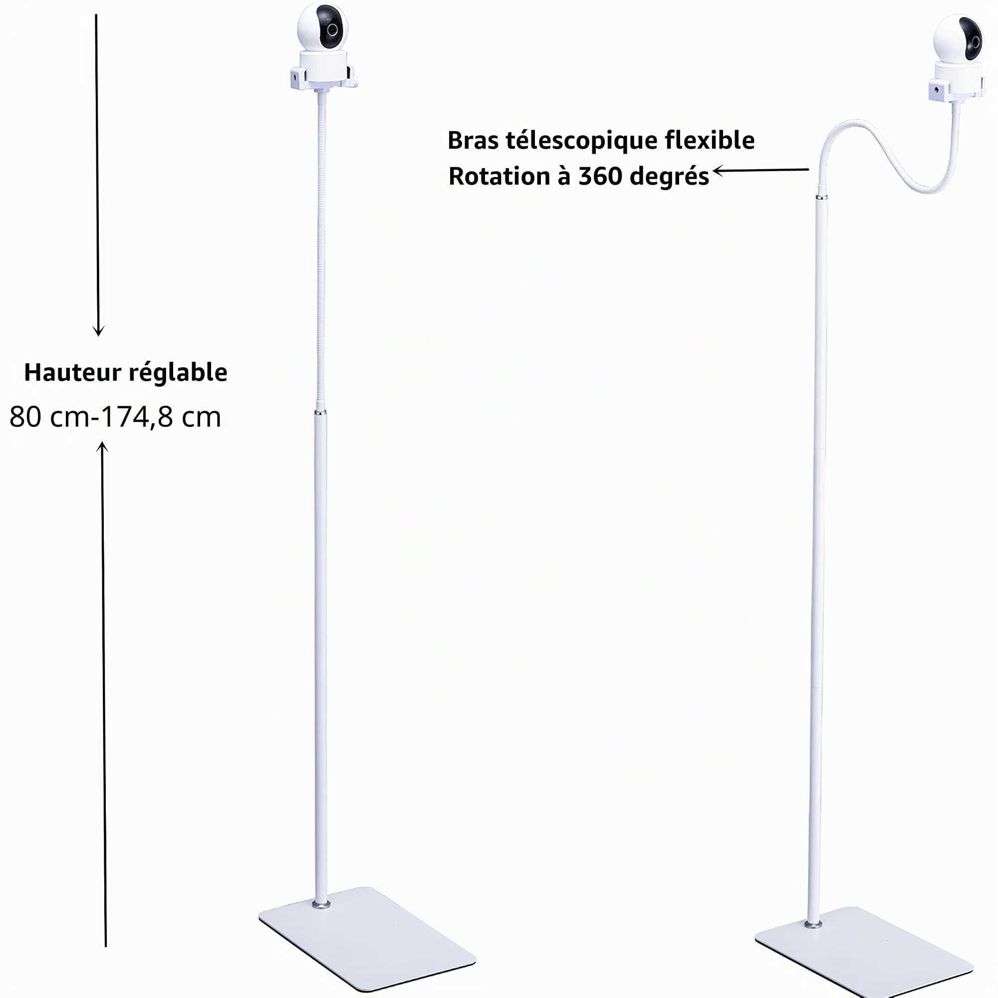 Support Universel Caméra Bébé et Babyphon- Pince Réglable 75-175 cm - Compatible Moniteur Bébé/Sécurité - Blanc