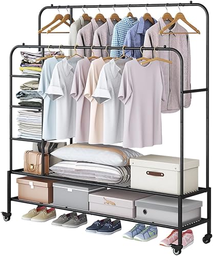 Vista 7 de SUOERNUO Perchero con ruedas para ropa, estante de ropa para colgar, estante resistente de metal con ruedas para ropa para dormitorio, armario
