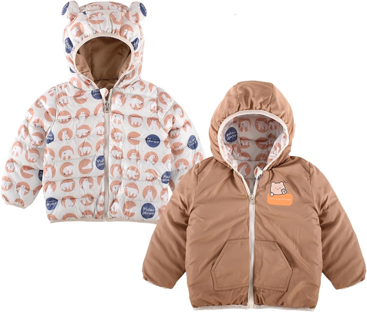 Bold N ElegantCartoon Print Reversible Winter Standard Length Puffer Jacket For Kids Hooded Coat Jacket With Fleece Lining For Boy's & Girls