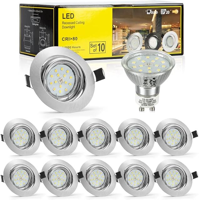 Bojim LED Recessed Ceiling Lights Downlight, 10X GU10 Recessed Spotlights Natural White 4000K 6W 550lm, LED Spot Lights for Ceiling,60 Degree Adjustable Lamp 230V IP20 82Ra, No Fire Rated