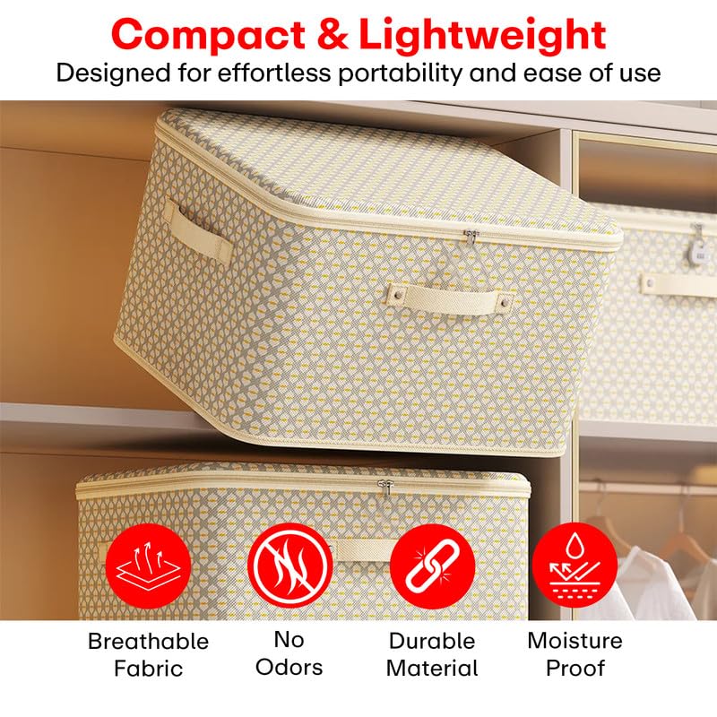 Image of Prime Pick Storage Box Set XL Model Printed Cloth Organizer Foldable Breathable Non Woven Fabric Wardrobe Storage with Reinforced Handles Clothes Organizer Beige XL Size Pack of 3