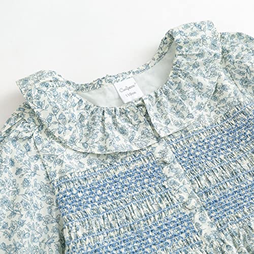 Curipeer Baby Girls Long Sleeve Floral Dress Flower Printed Smock Toddler Ruffle Dress For Autumn And Spring Blue 3T #TOP4