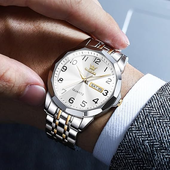 OLEVS Watches for Men Stainless Steel Analog Quartz Waterproof Luminous Luxury Dress Date Diamond Business Casual Mens Wrist Watch（Gold/Blue/Black/White Dial）