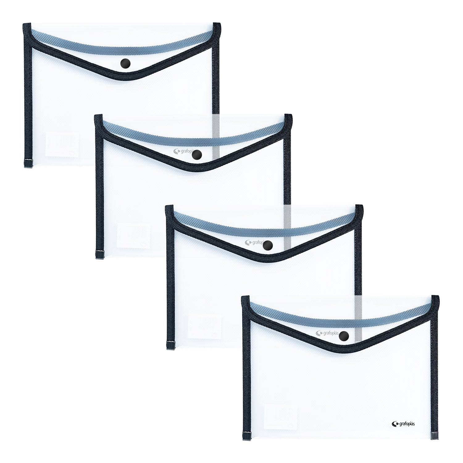 Grafoplas - 4 Sobres Portafolios Plastico Tamaño Cuarto con Cierre Botón, Ribete Tela, 24,5x17,5cm, Incoloro Traslúcido Borde Negro, Para Documentos Pequeños A5, Perfecto como Portafolios en Oficina