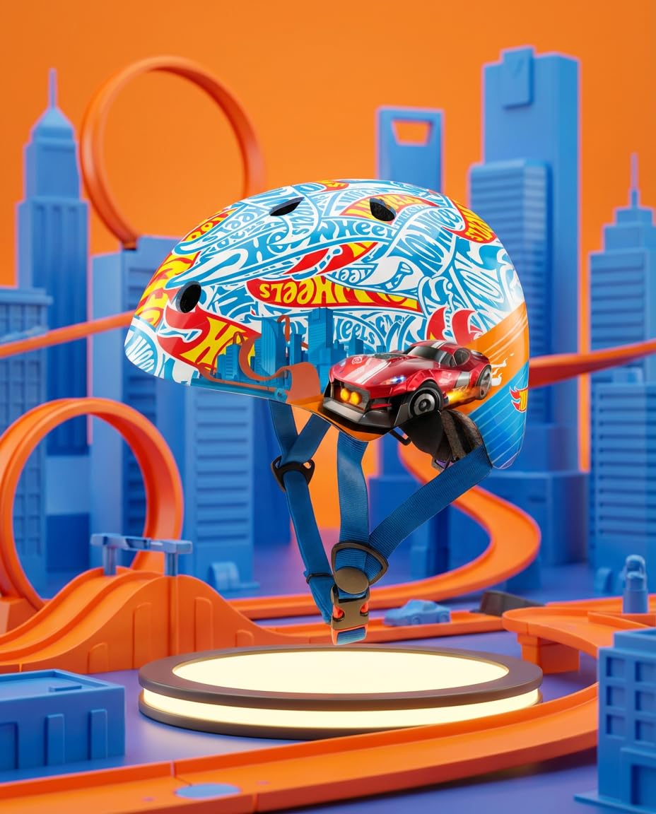 DQB DeQUBE Casco Hot Wheels-Regolabile-Ultraleggero e sicuro-Resistente e Traspirante-Da 2 a 7 anni-Colore Nero, Bambini Unisex, Blu, Regolabile
