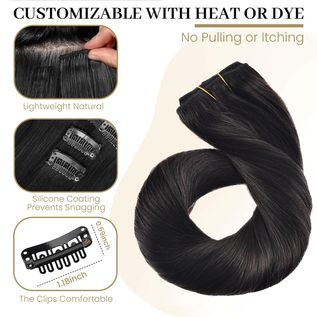 Jiameisi Clip in Hair Extensions Real Human Hair, 12inch Remy Human Hair Extensions Double Weft 70g 7pcs, Natural Straight Clip ins for Women #1B Natural Black
