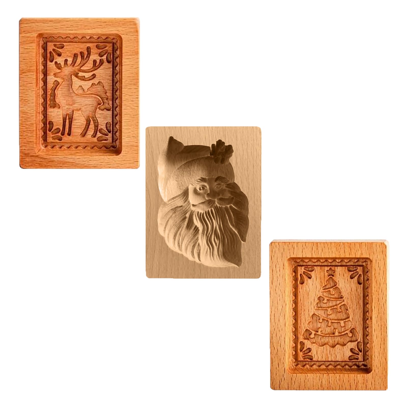 Wooden Cookie Biscuit Mold, 3D Baking Mold, Embossing Craft Decorating Baking Tool, Suitable for Halloween Thanksgiving Christmas Kitchen DIY (Xmas-A-3PCS)