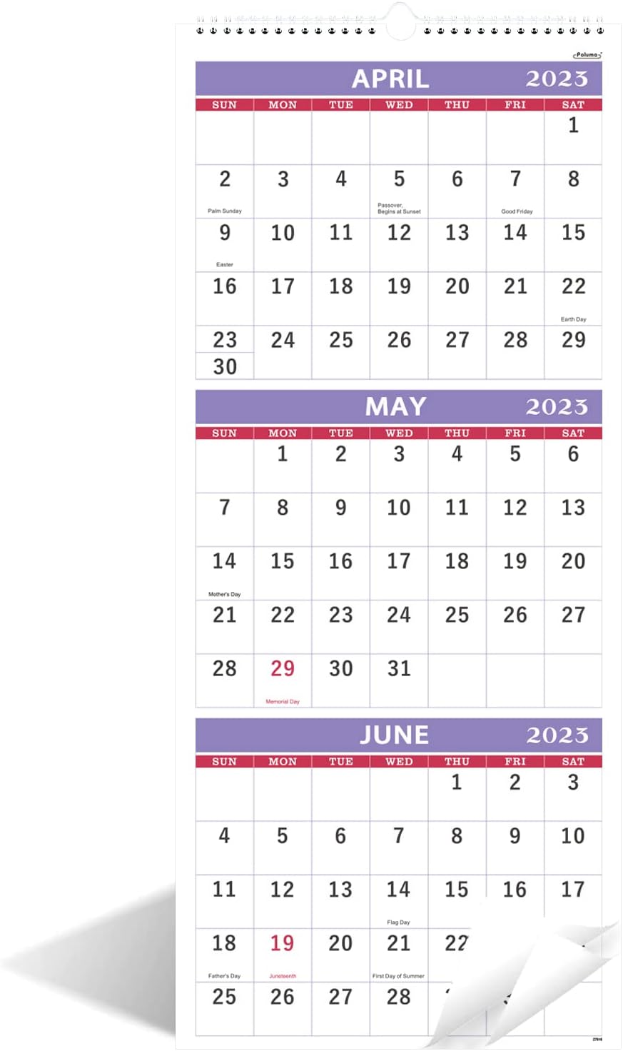 Wall Calendar 2023-2024 - 3-Month Wall Calendar Display (Folded in a Month), May.2023 - Jun.2024, 11.25" x 26", 2023-2024 Wall Calendar, 3 Month Calendar, 3 Month Vertical Calendar with Thick Paper - Purple