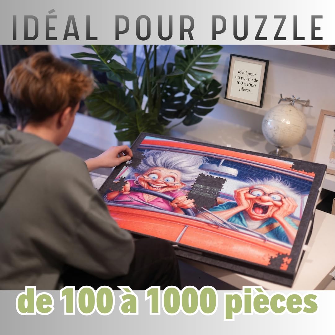 Table Puzzle avec 2 Tapis de Jeux-Échecs Dames Backgammon Cartes-Support en Feutre Inclinable avec Bordures, 6 Tiroirs de Rangement, Fermeture par Couvercle et Sangle pour Puzzle Jusqu’à 1000 Pièces