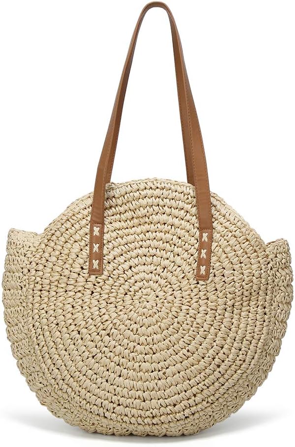 Straw Bag, Summer Beach Straw Bag For Women, Round Beach Straw Purse Large Capacity Woven Tote Bag