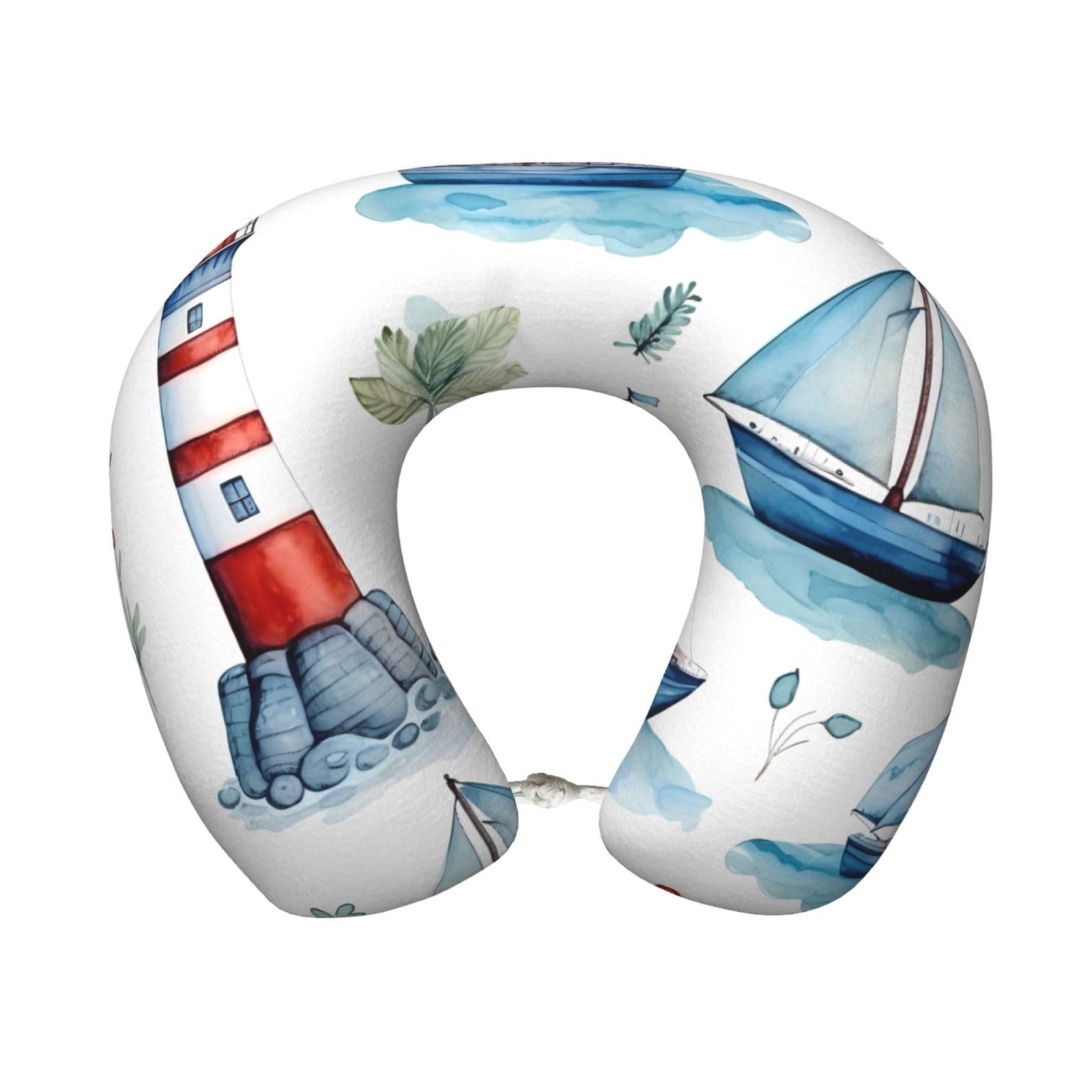 peiyeety Travel Pillow Memory Foam Neck Pillow for Traveling Airplane, Washable Cover(Cute Lighthouse Sailboat Nautical)