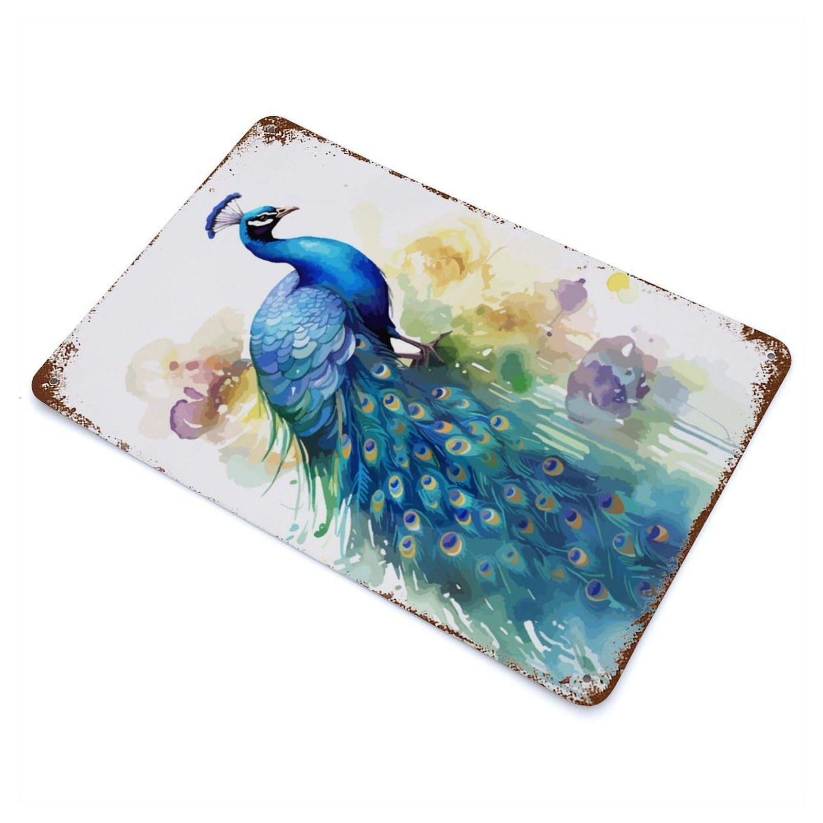 Cute Peacock Watercolor Rust Effect Tin Sign 11.8"x7.9", Ideal for Farmhouse, Kitchen And Entryway Decor