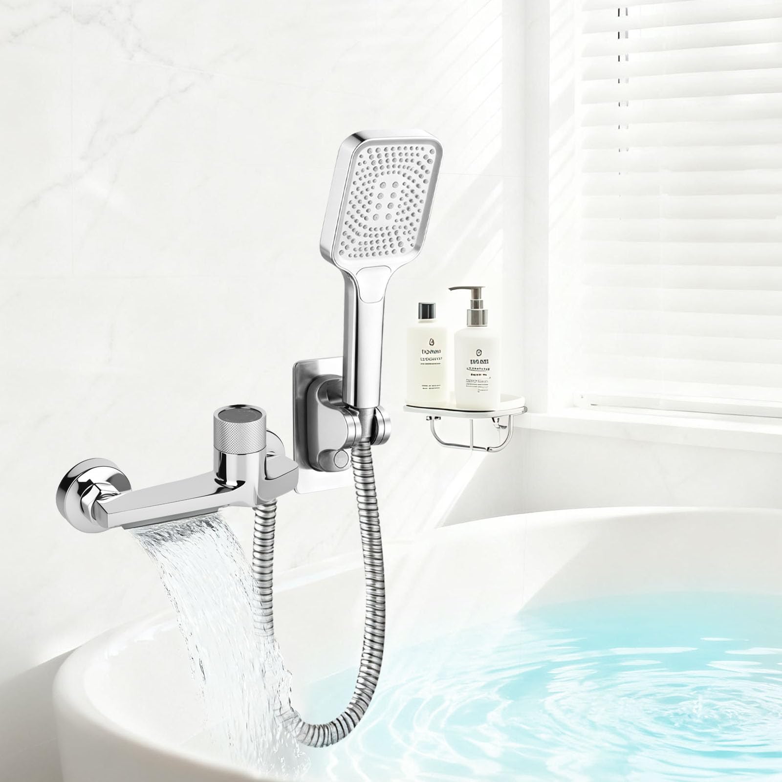 Grifo de bañera con termostato con 2 salidas, grifo de ducha con botón de seguridad, grifo mezclador para bañera y ducha, montaje en pared, cromado