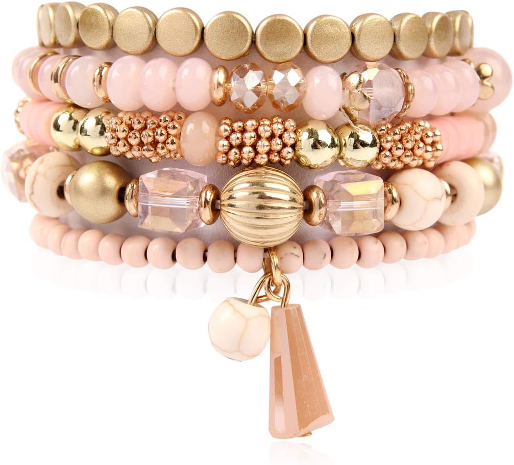 Bohemian Mix Bead Multi Layer Versatile Statement Bracelets - Stackable Beaded Strand Stretch Bangles Sparkly Crystal, Tassel Charm