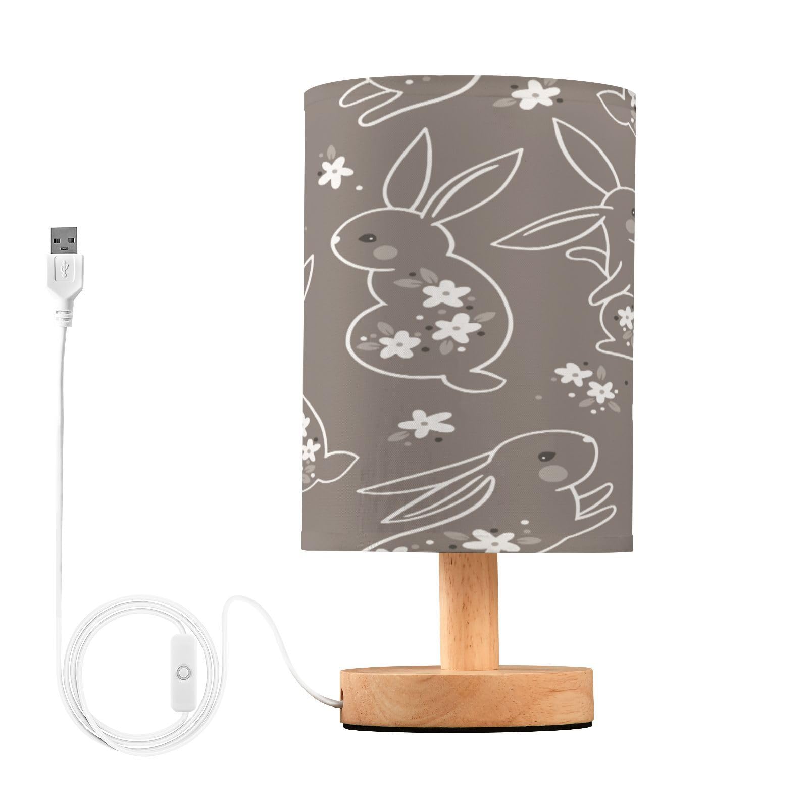 SDMKA Easter Bunny Brown Bedside Table Lamp for Bedroom, Minimalist Nightstand Lamp with Round Fabric Shade for Living Room, Office, No Bulb Required