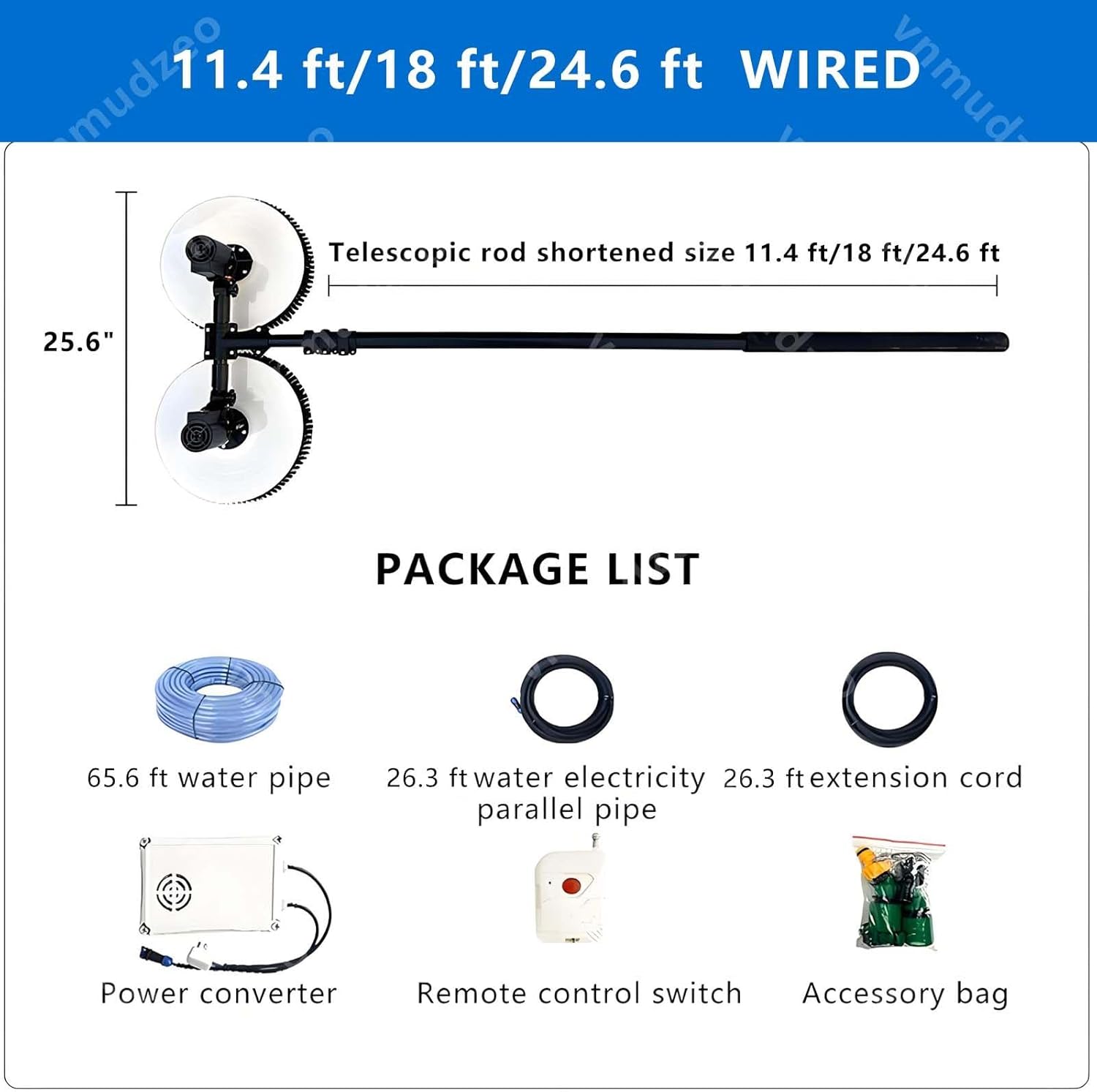 N2 Double Head Solar Panel Washing Machine 300 w,w/Aluminum Alloy Rod & Nylon Brush Head,420 min Run Time,IP5 Waterproof,Cleaning Efficiency Increased by 20%,Wired11.4ft
