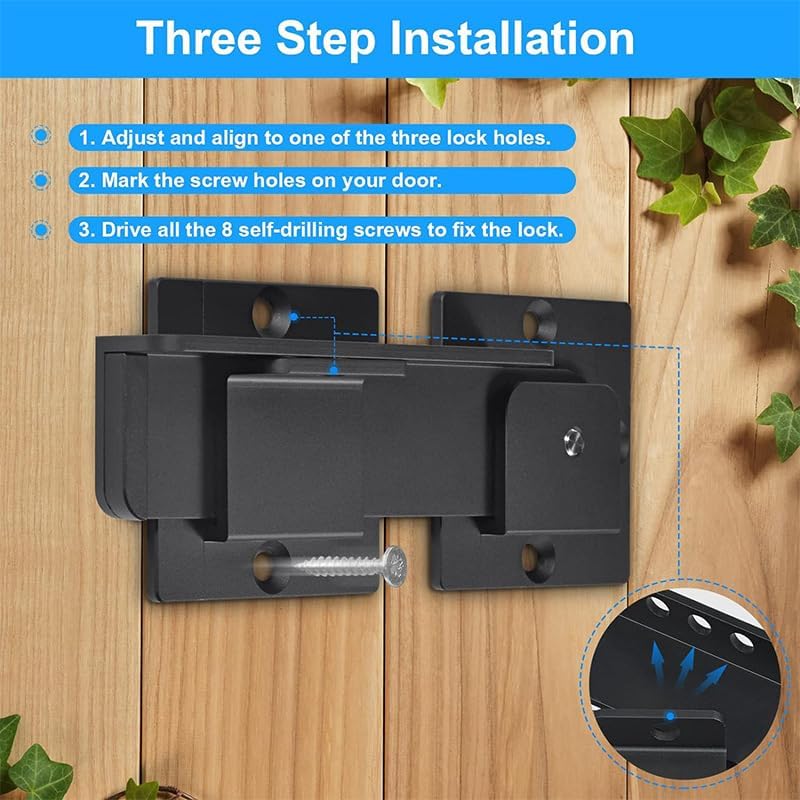 Gate Latch Lock with Padlock Hole, Aluminum Alloy Door Latch for Outdoor Wooden Fence, Heavy Duty Fence Gate Lock with Fasteners Hardware,Yard Garden, Steel,Black