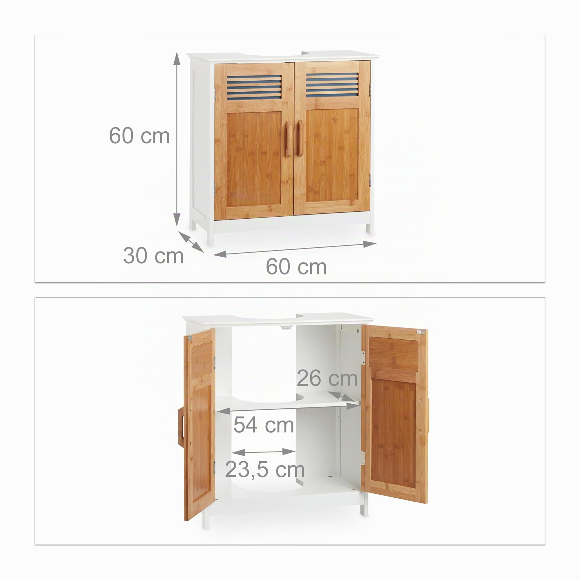 Relaxdays Mueble Lavabo con Balda Regulable, DM-Bambú, Blanco-Marrón, 60 x 60 x 30 cm