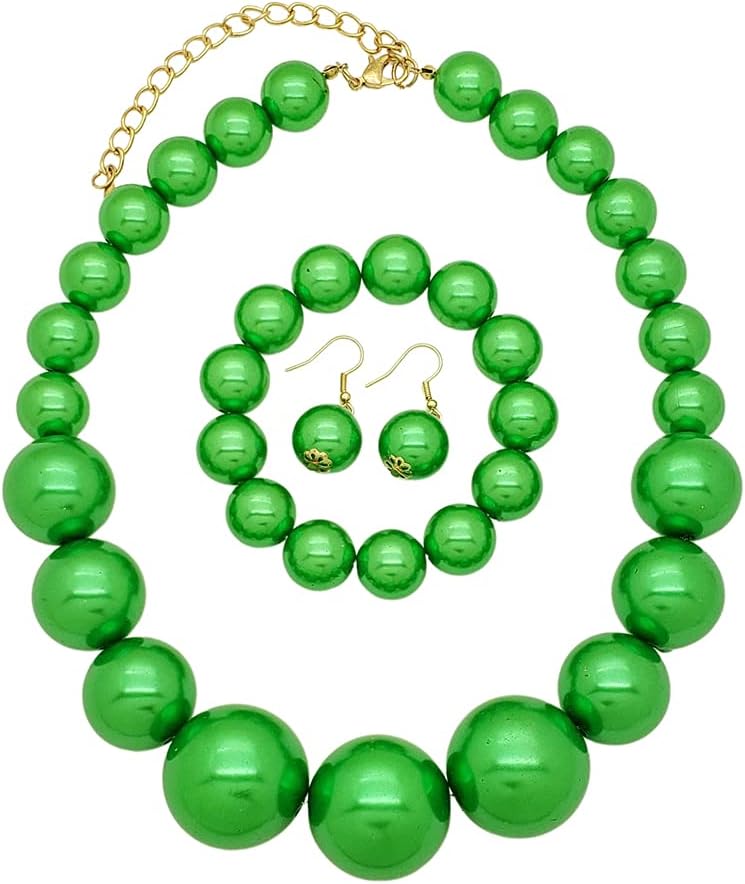 Women’s Chunky Large Simulated Pearl Statement Necklace, Bracelet, Earring Set
