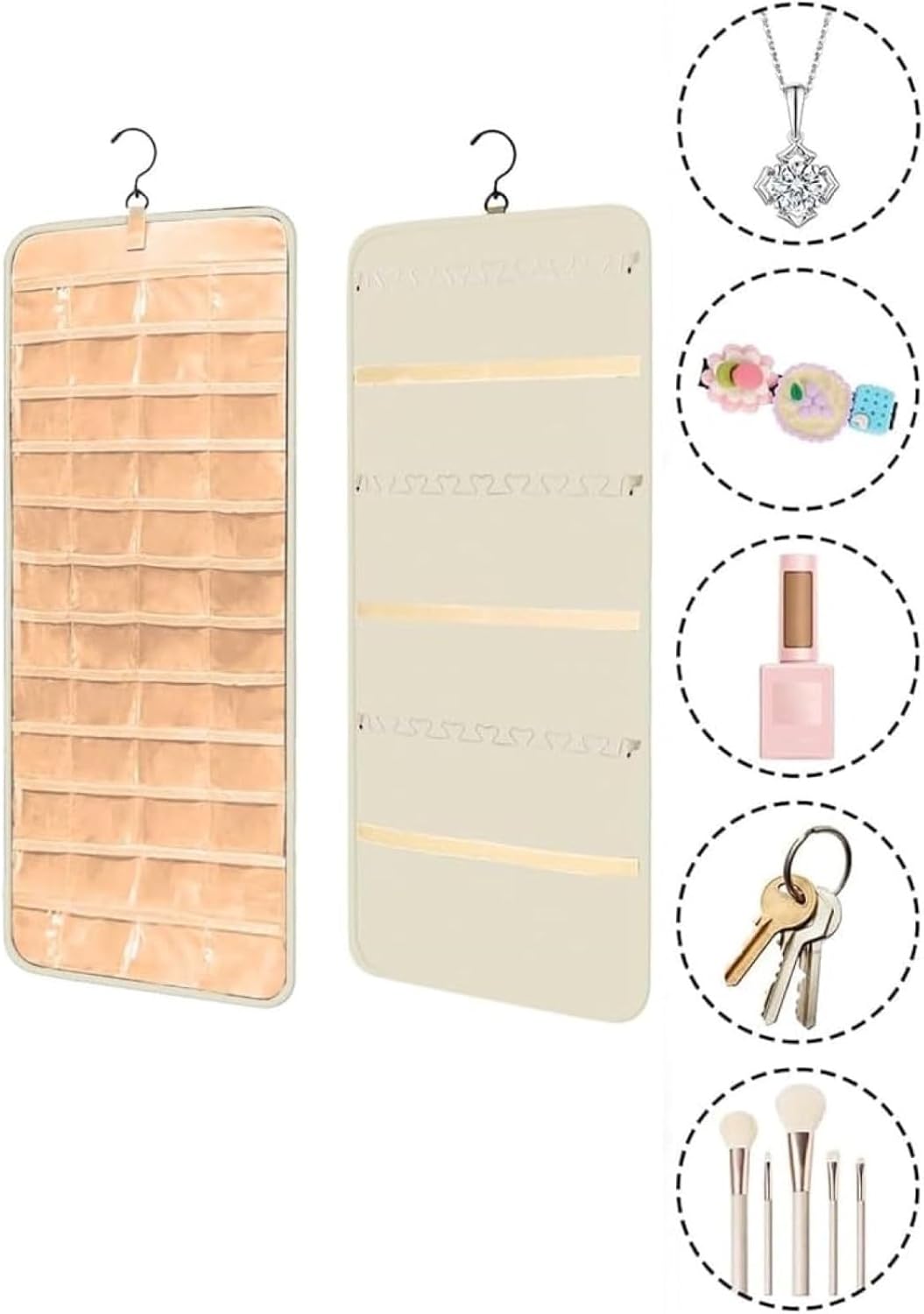Hanging Jewelry Organizer, 48 Pocket Oxford Fabric Double Sided Hanging Rotating Jewelry Organizer, Double Sided Necklace holder for Earrings, Necklaces, Rings on Closet, Wall, Door (White)