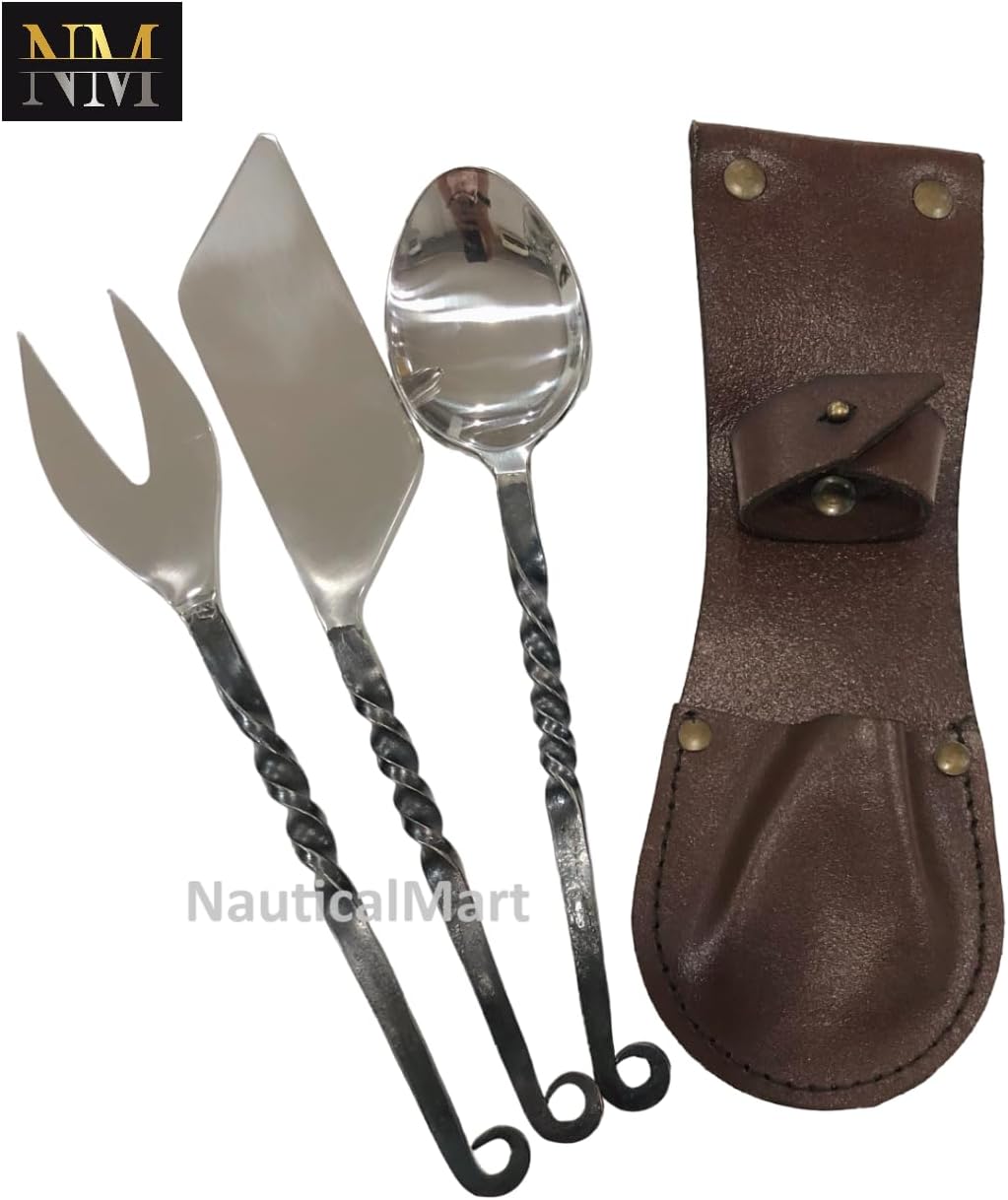 NauticalMart Medieval Feasting Set 3 Pieces Cutlery Knife, Fork, Spoon with leather Case