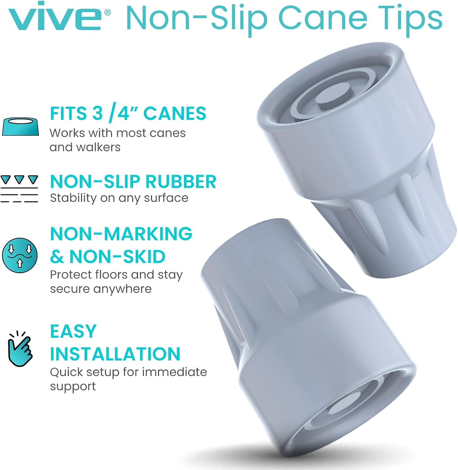 Vive Walking Cane Tips 2 Pack (3/4 Inch) - Non-Slip Universal Rubber Replacement Tips for Walking Sticks, Crutches, Walkers, Canes