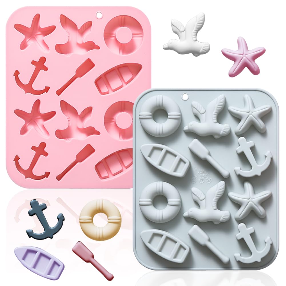 2 Pack Nautical Ship Themed Silicone Molds, 12 Cavity 3D Seagull Sailing Boat Anchor Lifebuoy Starfish Chocolate Candy Mold Tray DIY Baking Decorating Tools for Cupcake Mousse Dessert Gummy Clay