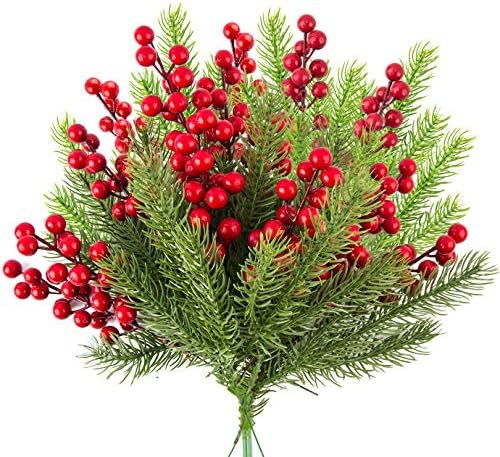WXJ13 30 Pieces Artificial Pine Branches Christmas Holly Berries Artificial Red Berry Stems for Christmas Wreath Decorations Xmas Tree Decoration