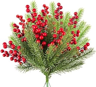 WXJ13 30 Pieces Artificial Pine Branches Christmas Holly Berries Artificial Red Berry Stems for Christmas Wreath Decorations Xmas Tree Decoration