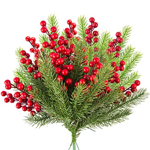 WXJ13 Lot de 30 Branches de pin artificielles - Baies de Houx - Tiges de Baies Rouges artificielles pour Couronne de Noël - Décoration d'arbre de Noël