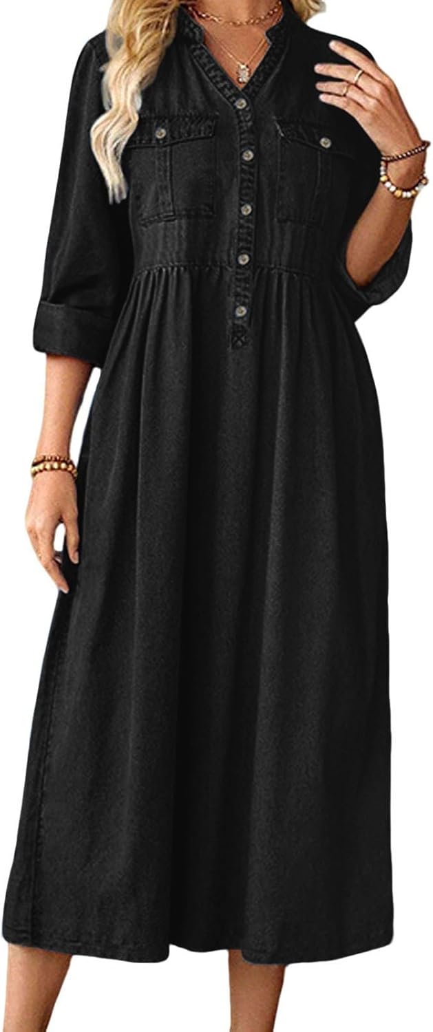 loveimgs Women Casual Button Down High Waist Midi Denim Dress V Neck Pleated Shirt Jean Dress A Line Long Sleeves Pockets