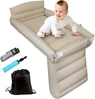 Inflatable Toddler Airplane Bed - Baby Travel Bed for Airplane Car - Airplane Seat Extender for Kids Portable Crib with Rails Sides Hand Pump Safety Belt and Carry Bag Sets (New Grey)