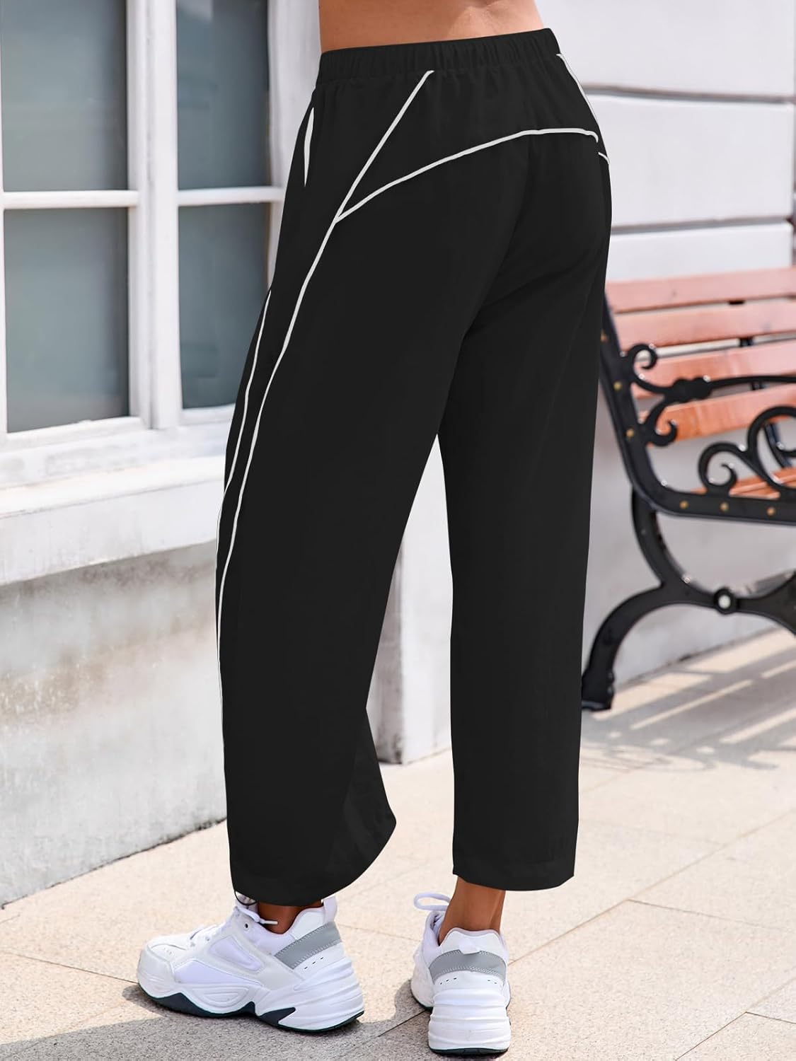 Fisoew Womens Baggy Wide Leg Pants Casual Elastic Waist Drawstring Hiking Workout Cropped Track Pants with Pockets - Image 4