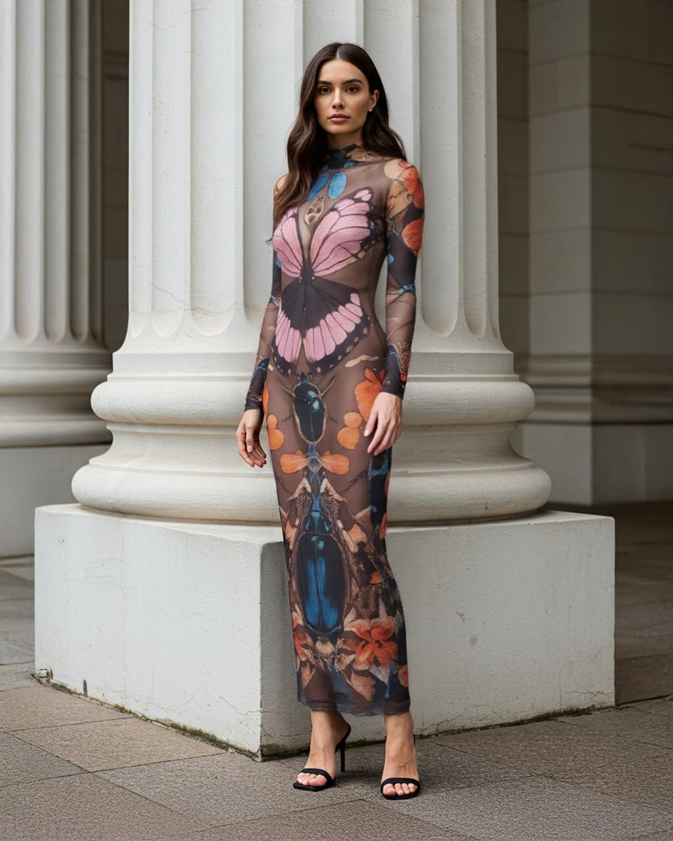 JW PEI Women's Sheer Butterfly and Beetle Gown