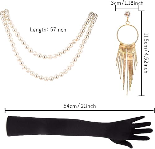 Vista 2 de 5pcs 1920s Flapper Accessories 20s Gatsby Costume Accessories Set for Women Headband Earrings Pearl Necklace Gloves Holder