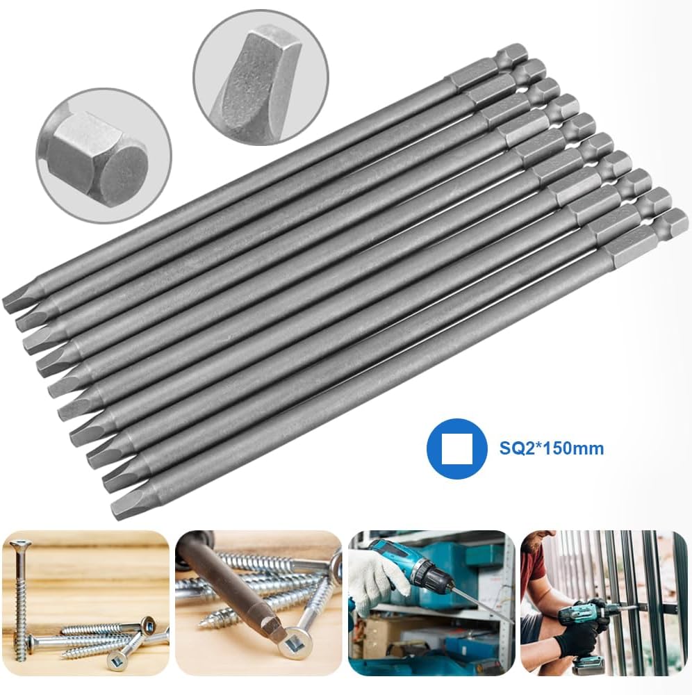 Wolfride 10pcs Square Head Bits #2 Square Drive Bit Set 1/4-Inch Shank Tip Bit #2 Long Magnetic Square Head Screwdriver Bits 5.9 Inch Length
