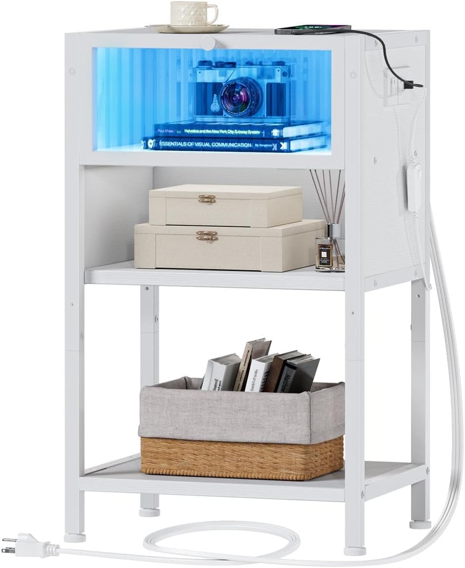 Furologee White Nightstand with Charging Station and LED Light, Modern End Side