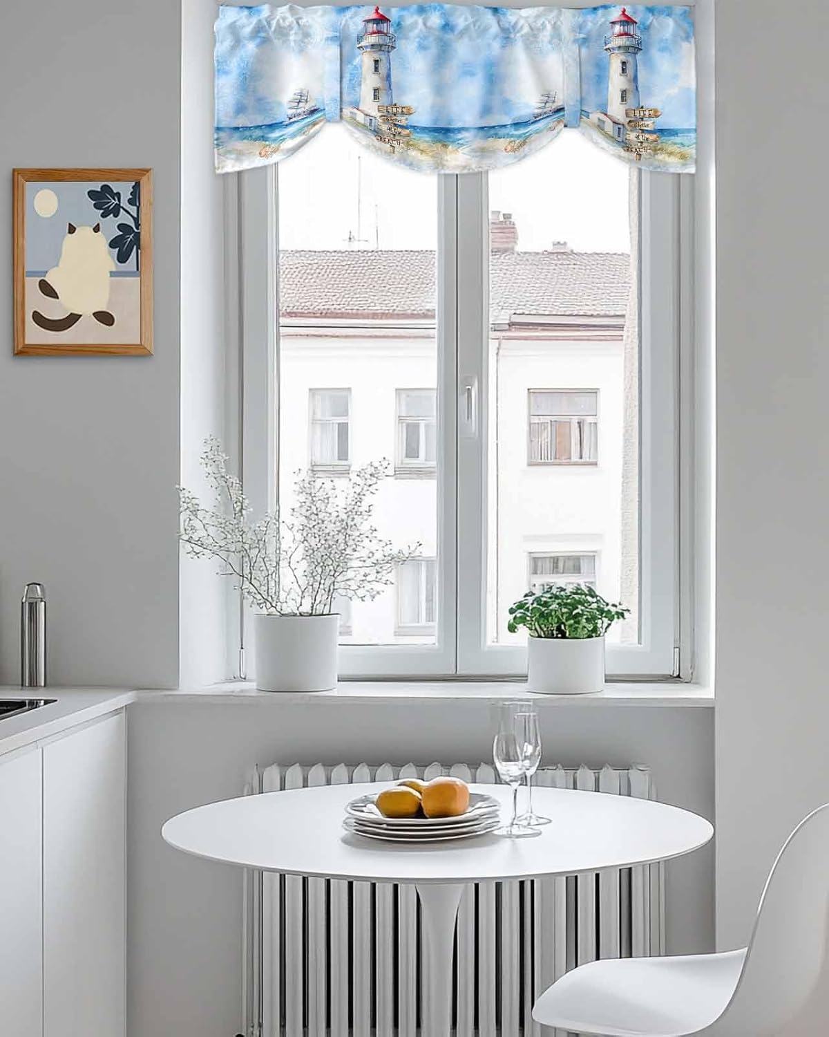 Nautical Lighthouse Tie Up Valance Curtains for Windows, Kitchen Curtains Window Shades, Watercolor Sailboat Coastal Starfish Light Filtering Roman Curtain Valances for Bedroom/Bathroom/Cafe 54''x18''