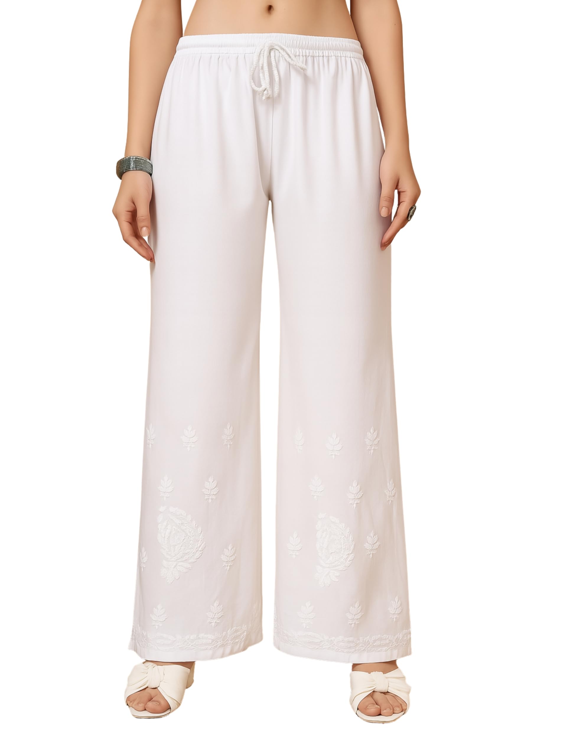 poshak chikan studio Women's Hand Embroidered Lucknowi Chikankari Cotton Palazzo White-picture-34