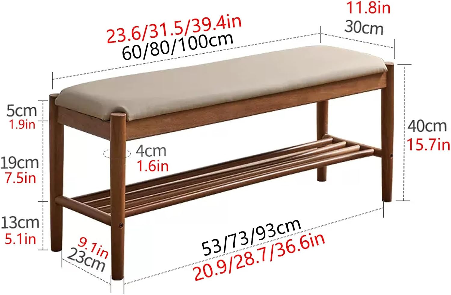 Shoe Bench, Soild Wood Shoe Storage Bench with Cushion, Shoe Rack Bench with Open Shelves, End of Bed Bench, Shoes Organizer Storage Shelf for Entryway, Hallway and Living Room(Brown,23.6in/60c