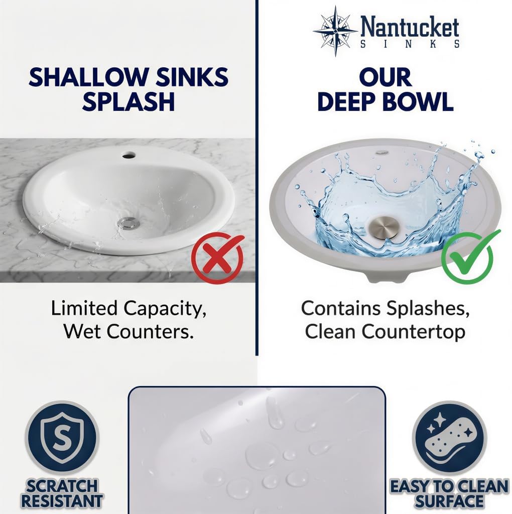 Nantucket Sinks UM-13x10-W Small Undermount Bathroom Sink – 13"x10" Interior Bowl Oval Ceramic Bath Vanity Sink, Mini Tiny, Overflow, High Gloss White Vitreous China – Scratch&Stain Resistant