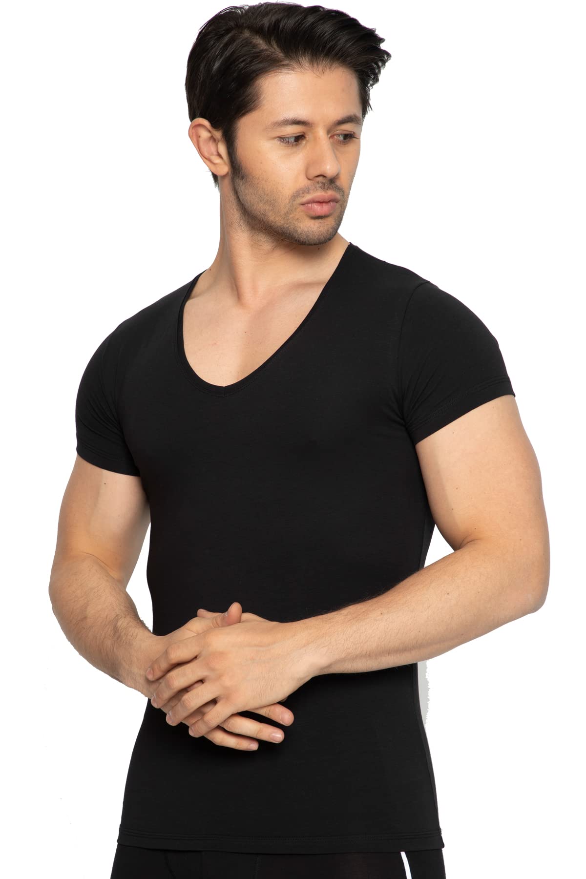 – Men's V-neck Undershirt Short Sleeve Tagless Soft Organic and Lycra Underwear T-shirts (pack of 3) TOLIN3177